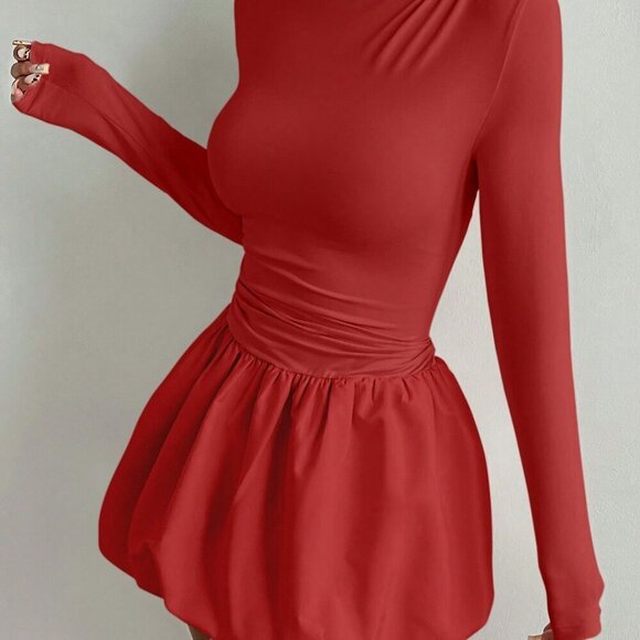 Red Casual Women's Round Neck Long Sleeve Mini Dress - Picture 4 of 7